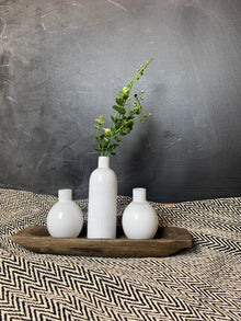  White Vase Set with Rustic Wood Tray