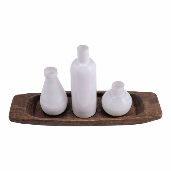 White Vase Set with Rustic Wood Tray