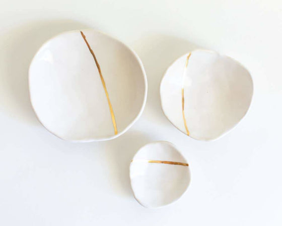 3 Pc Pinch Pot Nesting Bowls with Gold accents
